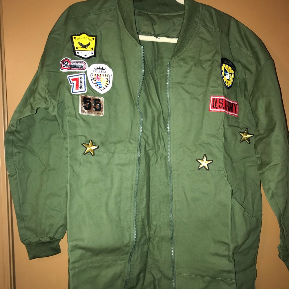 Long line Zip Up Army Jacket W/Fashion Patches